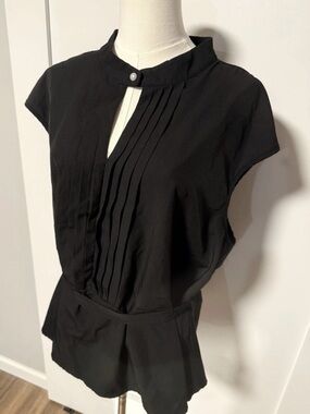 Womens 3XL (20/22) Black Pleated Blouse Tie Waist Keyhole Neck Short Sleeve Top